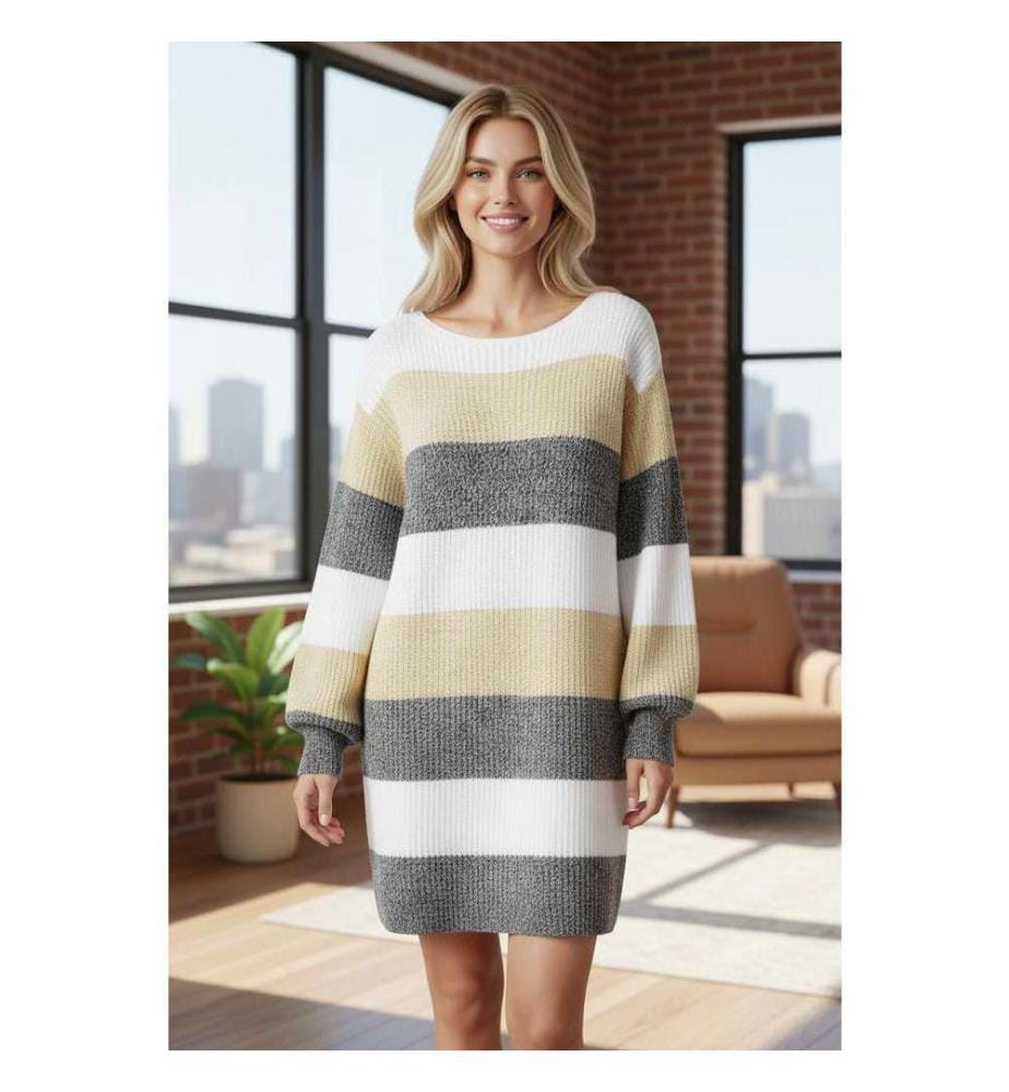 Robe Pull Grise À Rayures Color Block, Manches Bulles, Épaules Tombantes - Gray-Stripe