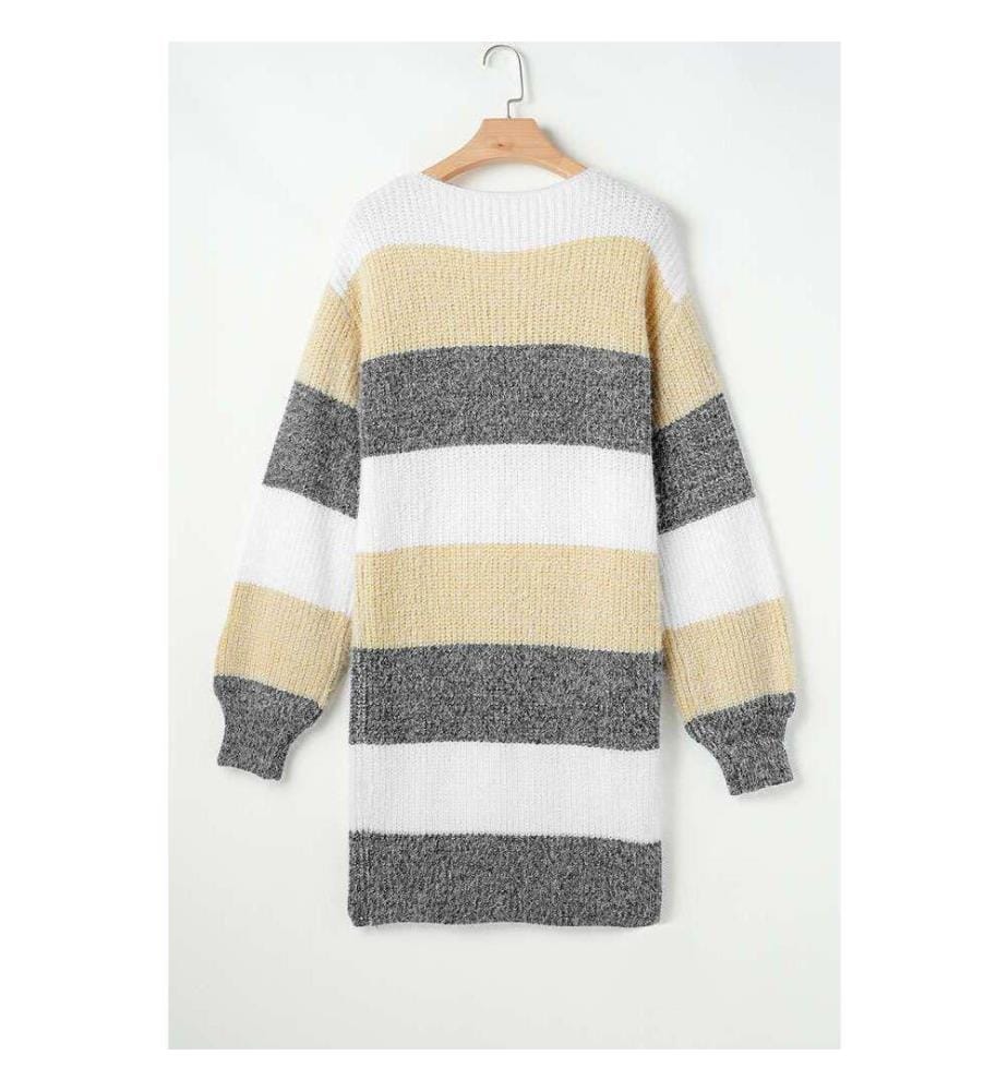 Robe Pull Grise À Rayures Color Block, Manches Bulles, Épaules Tombantes - Gray-Stripe