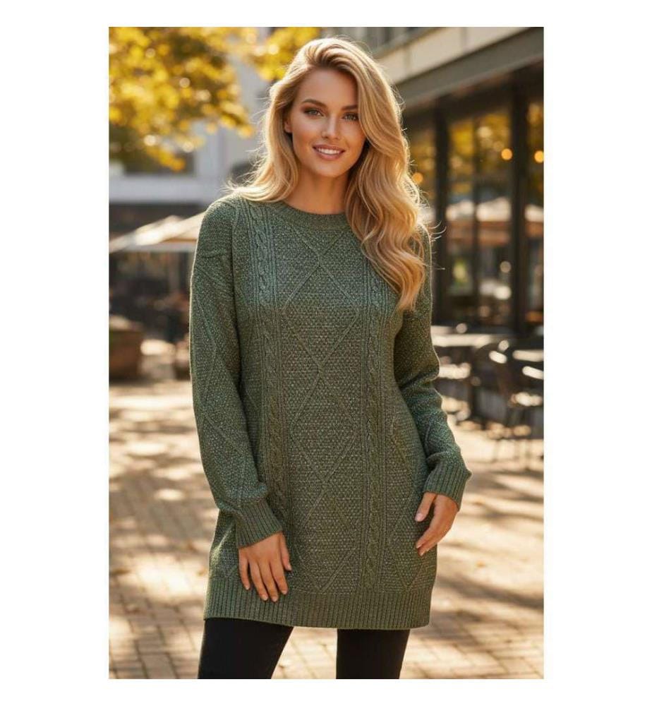 Grünes, schulterfreies Pulloverkleid mit weitem Ausschnitt - Mist-Green