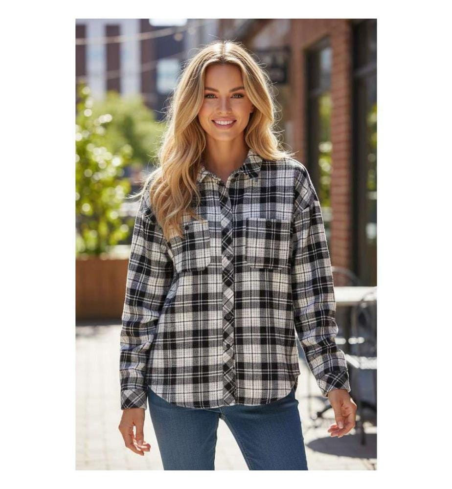 Schwarzes Kariertes Button-Down-Hemd Mit Brusttaschen - Black