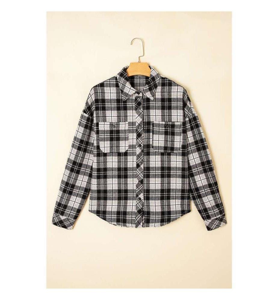 Schwarzes Kariertes Button-Down-Hemd Mit Brusttaschen - Black