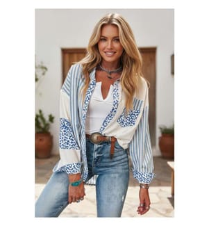 Sky-Blue Leopard Stripe Western Casual Shirt