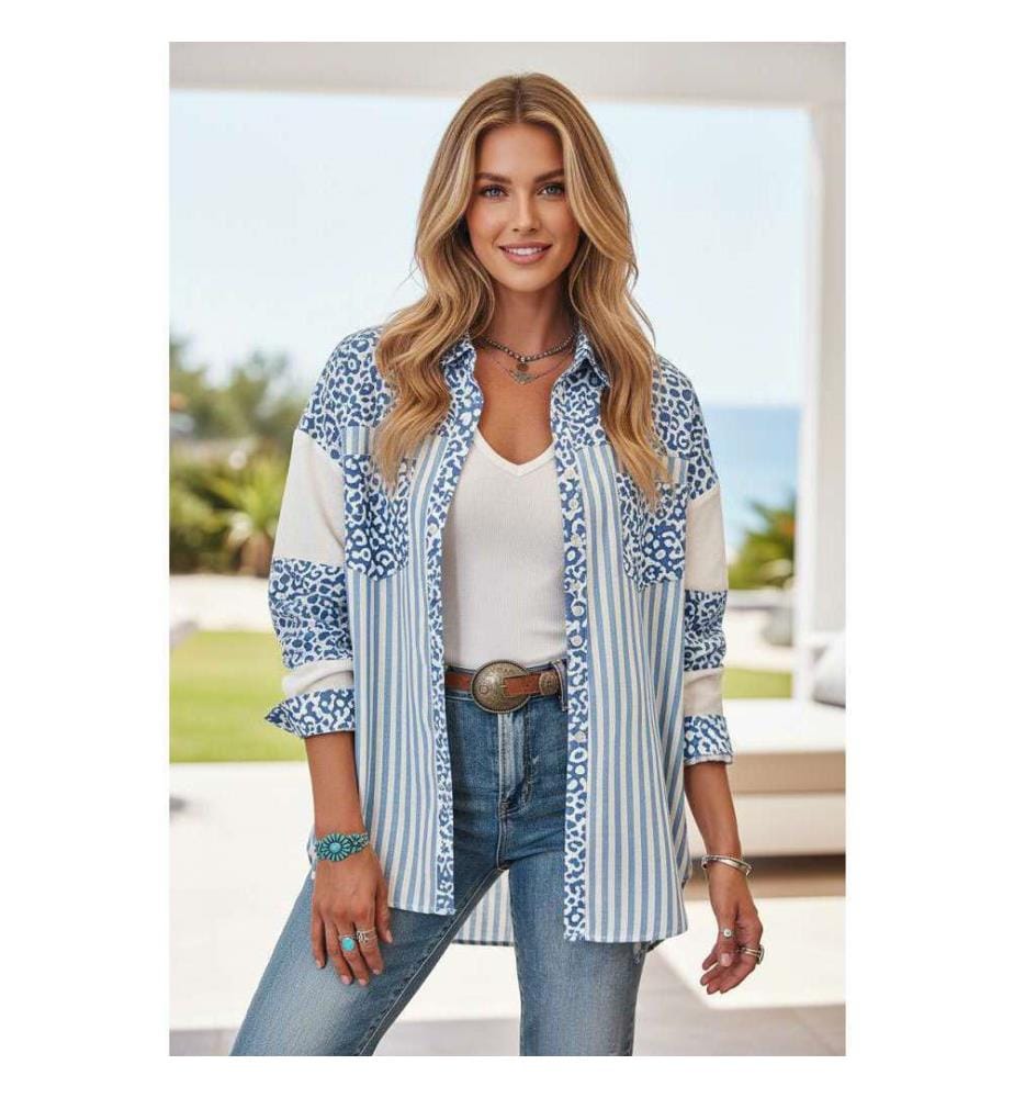 Sky-Blue Leopard Stripe Western Casual Shirt