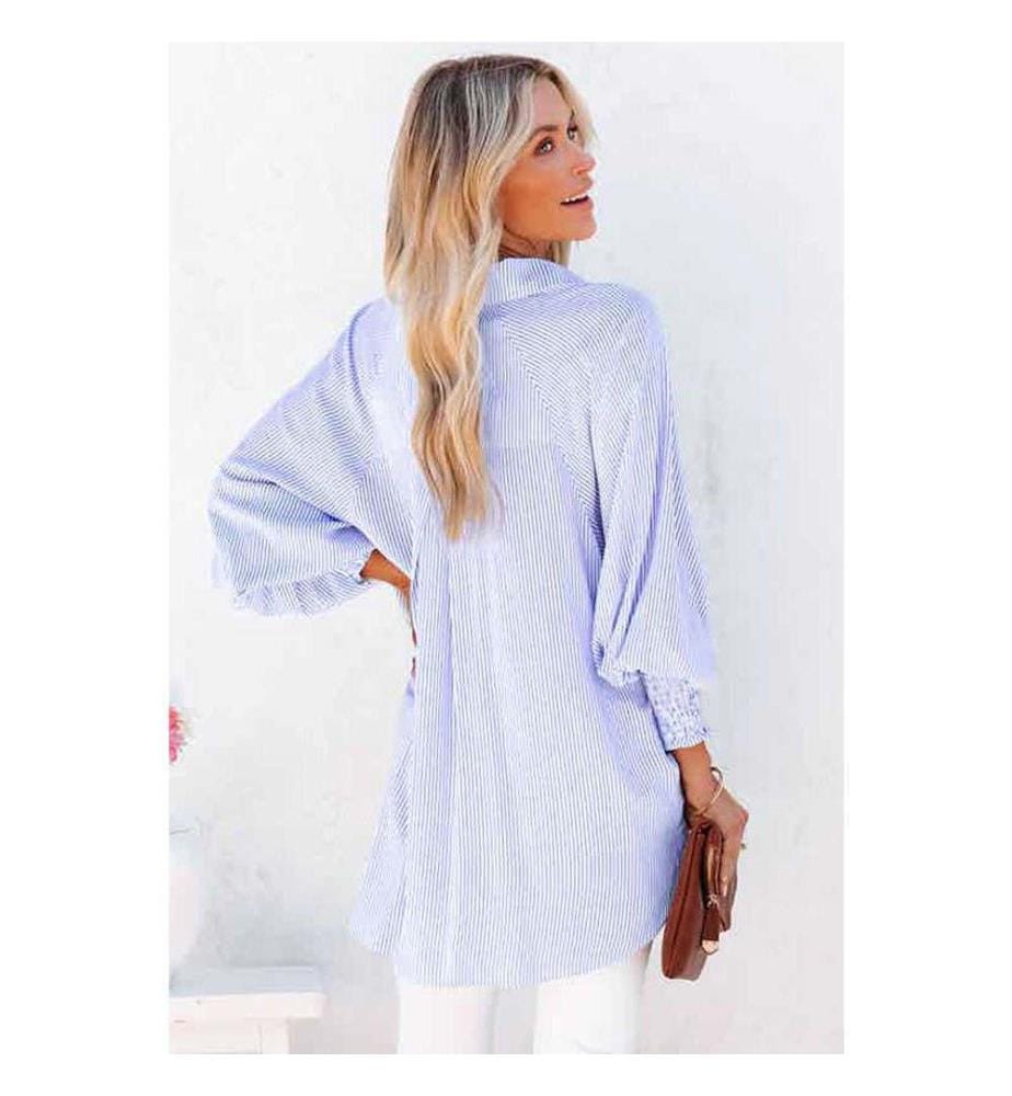 Sky Blue Striped Boyfriend Shirt With Smocked Lapels And Pocket - Sky-Blue