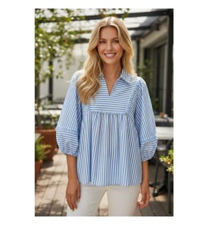 Sky-Blue Stripe Blouse, V-Neck, Ricrac Trim, 3/4 Puff Sleeves - Sky-Blue-Stripe