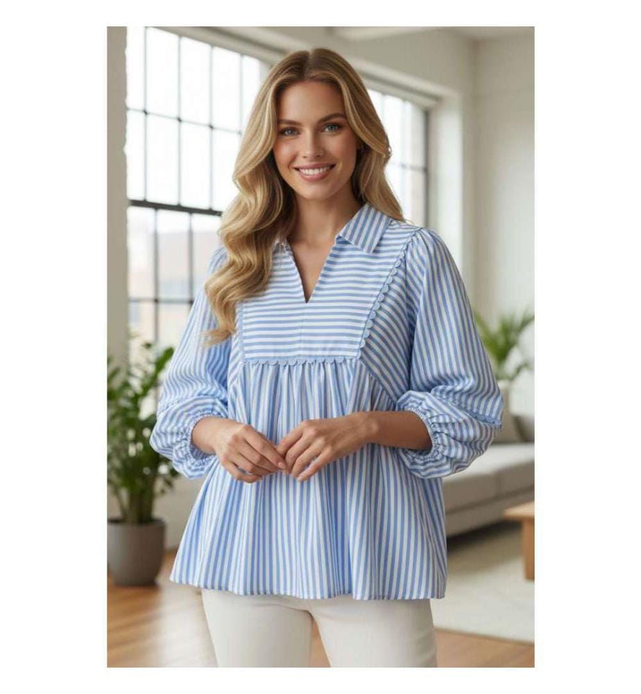 Sky-Blue Stripe Blouse, V-Neck, Ricrac Trim, 3/4 Puff Sleeves - Sky-Blue-Stripe