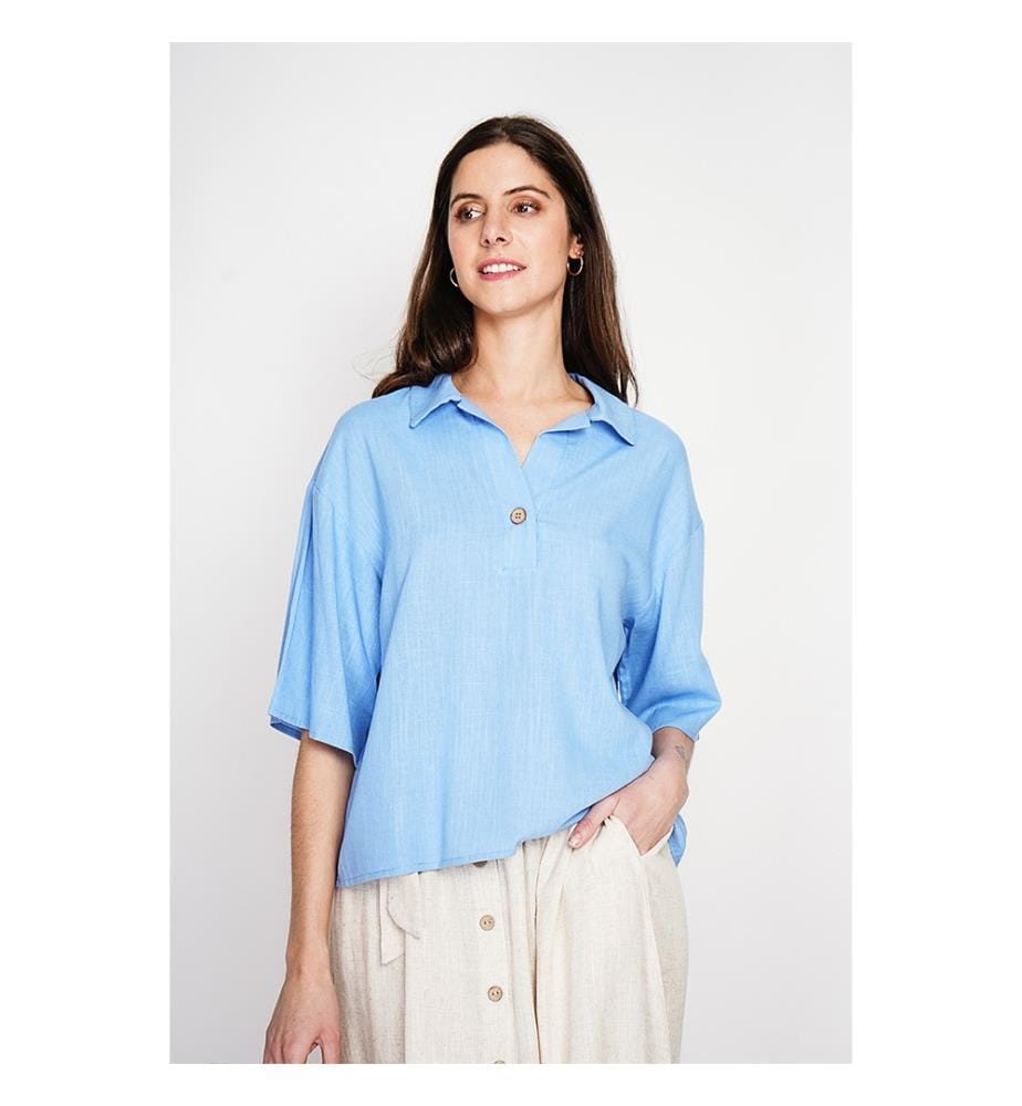 Bluse mit Hemdkragen - Azurblau