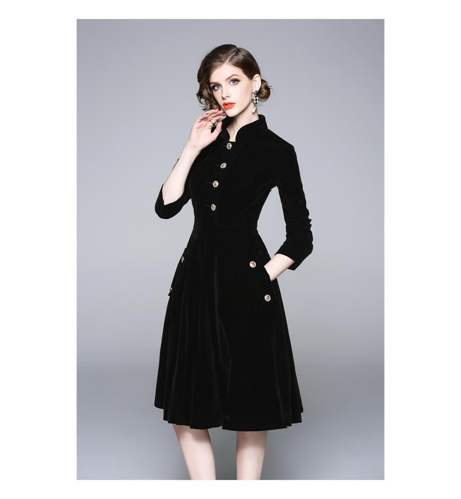 Vintage-Samtkleid, figurbetonte Passform mit ausgestelltem Rock – Schwarz