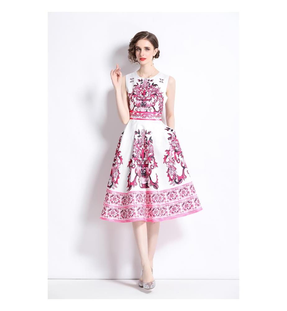 Fitted Midi Dress with Oriental Print - Pink