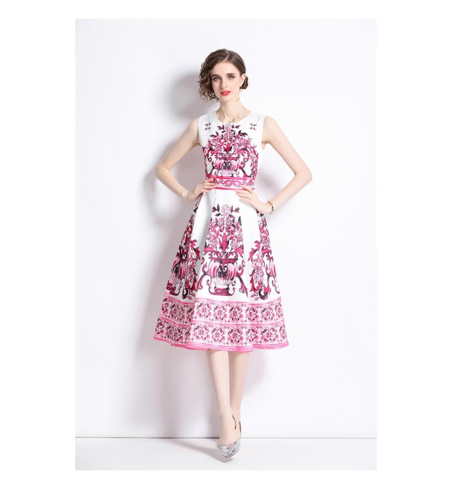 Fitted Midi Dress with Oriental Print - Pink