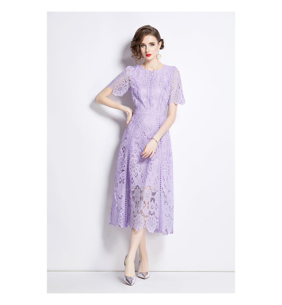 Elegant A-line midi dress in lace - Lavender