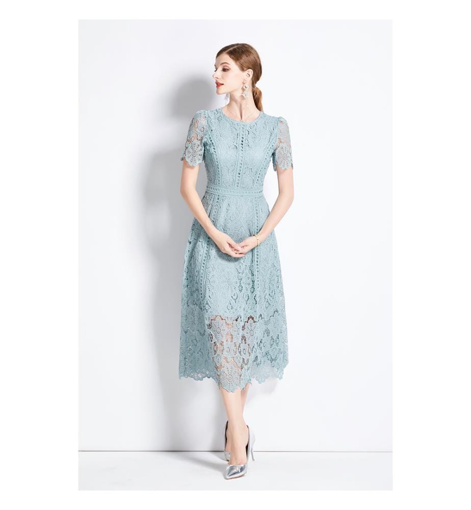 Elegant A-line midi dress in lace - Azure
