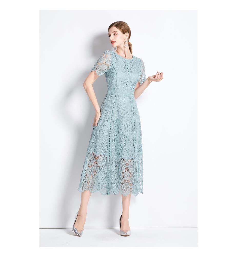 Elegant A-line midi dress in lace - Azure