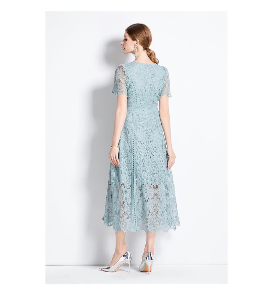 Elegant A-line midi dress in lace - Azure
