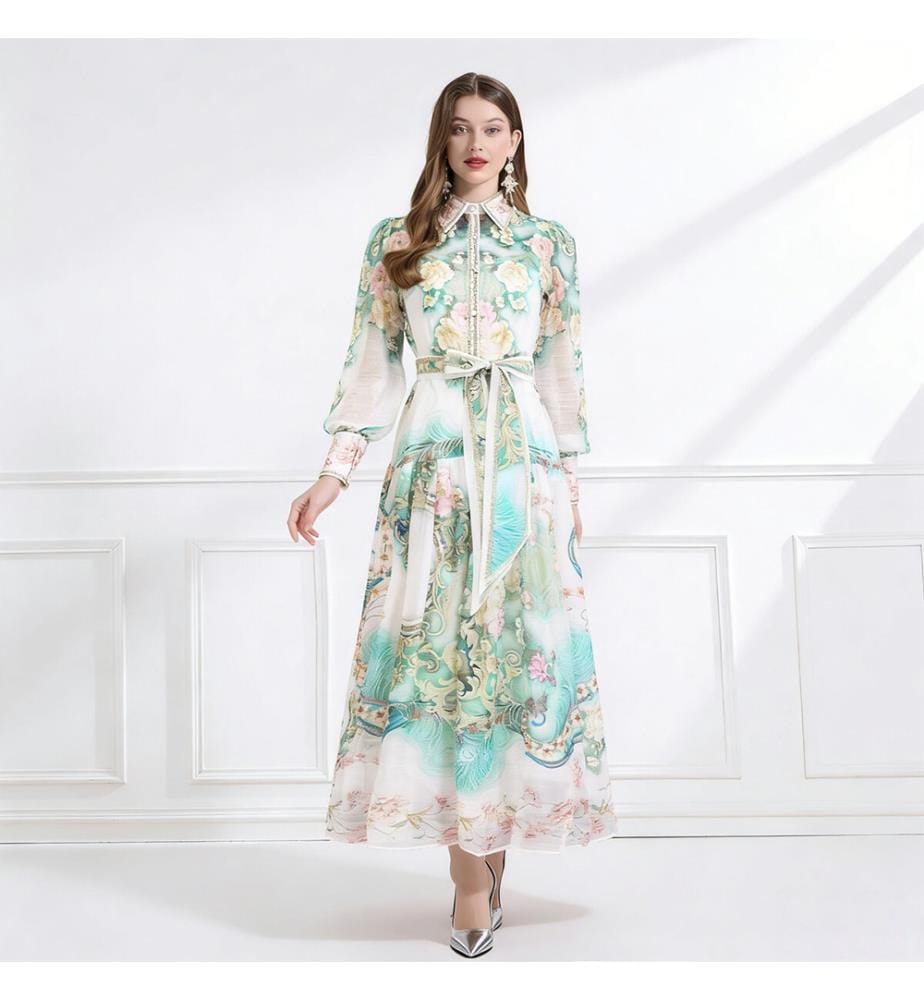 Enchanted Garden Bedrucktes Chiffon-Maxikleid - Grün