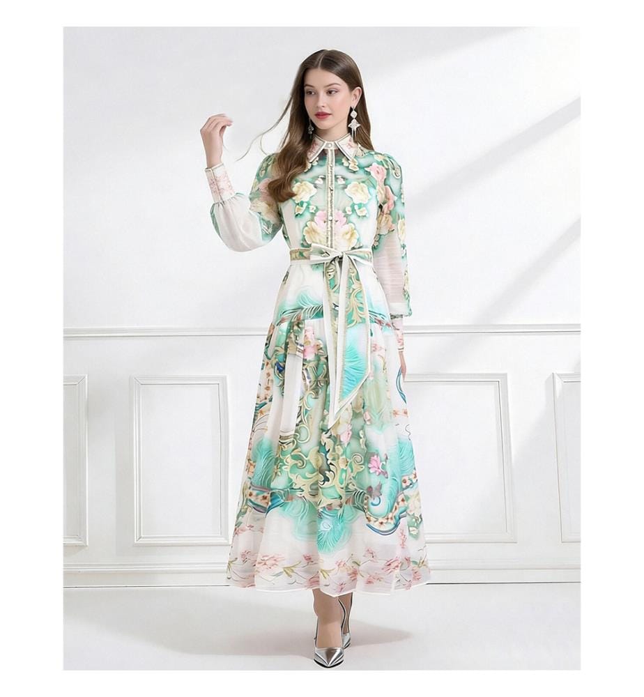 Enchanted Garden Bedrucktes Chiffon-Maxikleid - Grün