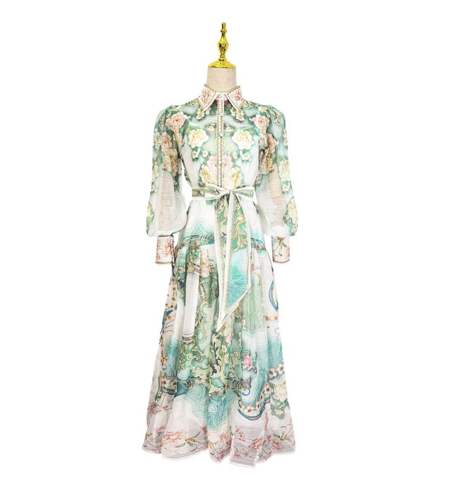 Enchanted Garden Bedrucktes Chiffon-Maxikleid - Grün
