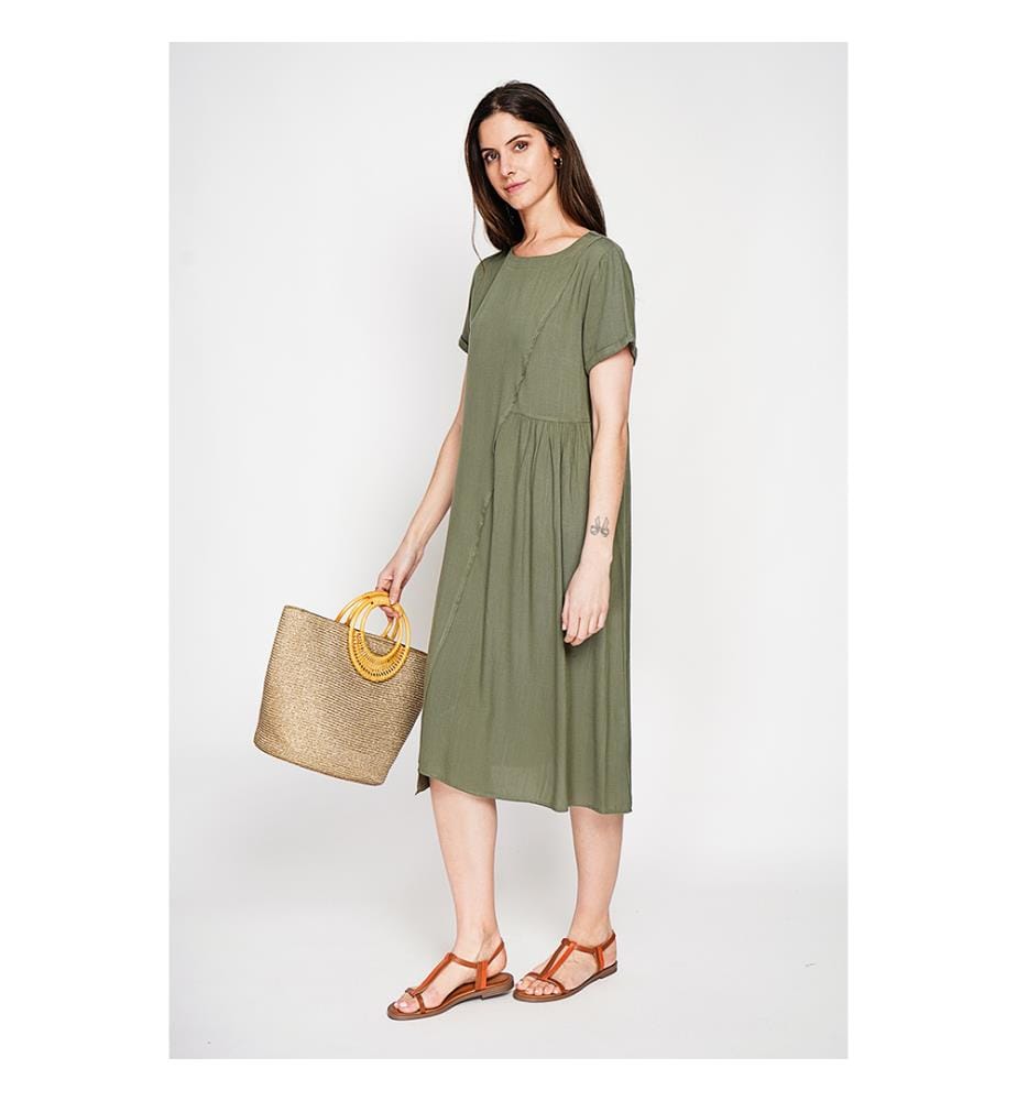 Robe découpe devant évasée à manches courtes - Kaki 