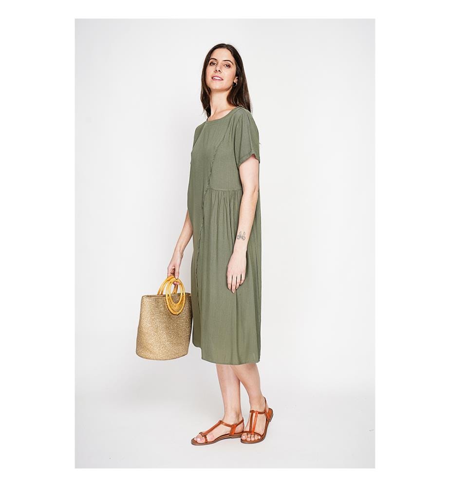 Robe découpe devant évasée à manches courtes - Kaki 