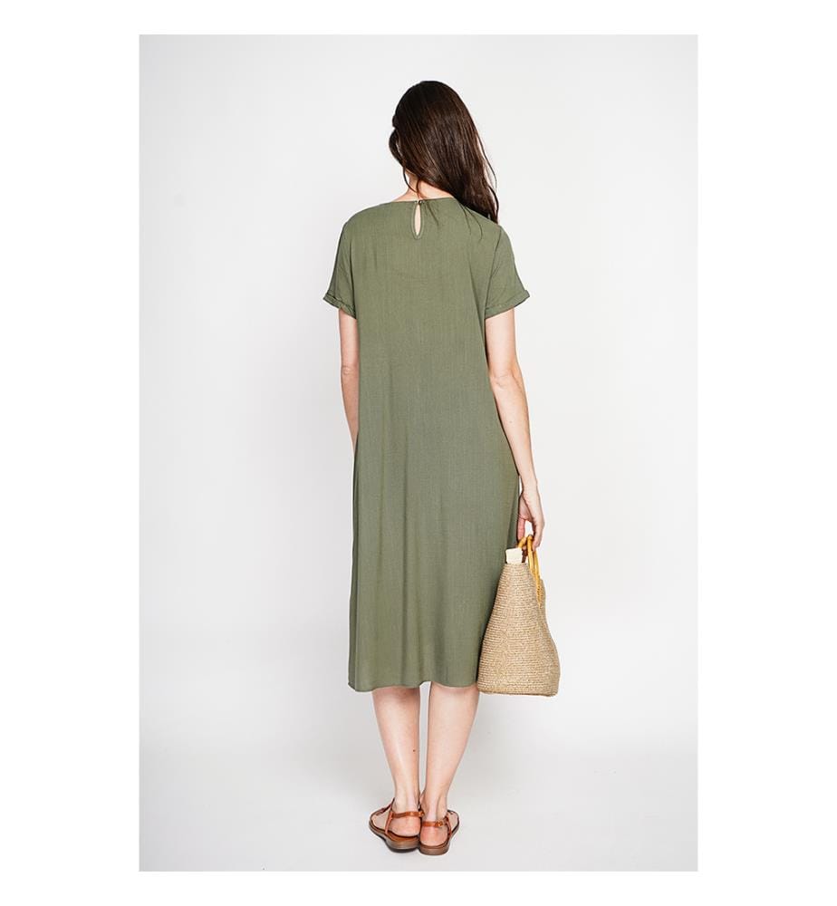 Robe découpe devant évasée à manches courtes - Kaki 