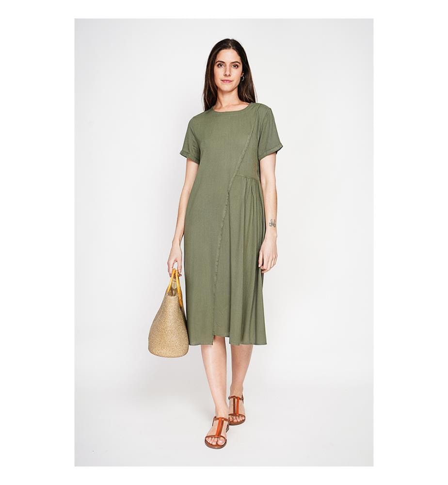 Robe découpe devant évasée à manches courtes - Kaki 