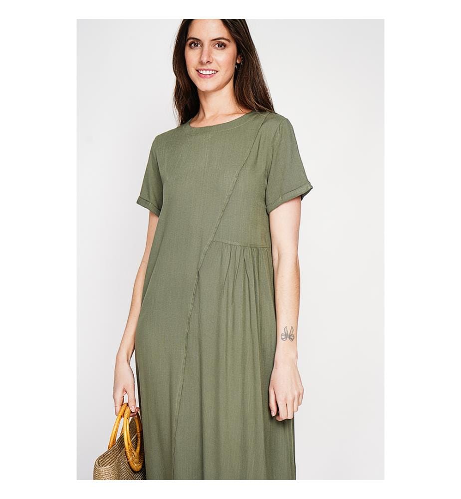 Robe découpe devant évasée à manches courtes - Kaki 