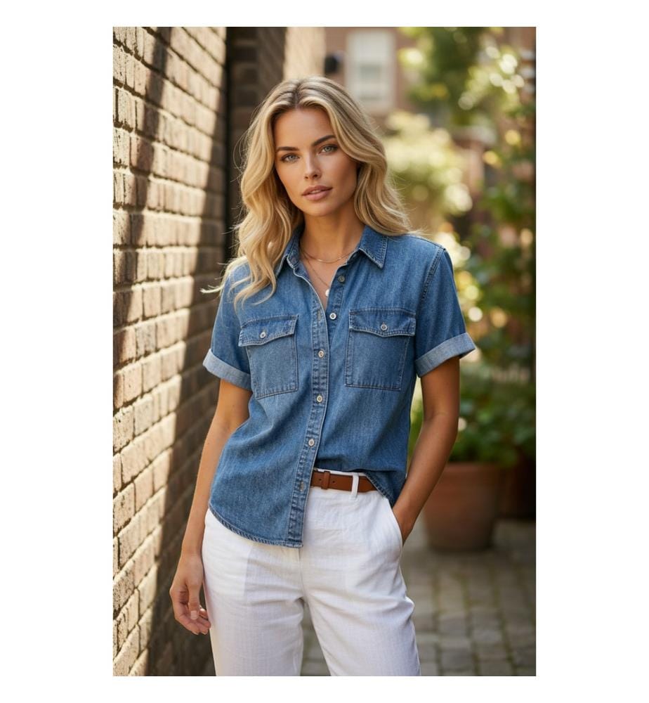 Chemise en Jean Manches Courtes - Bleu