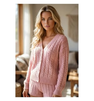 Set aus Strickjacke und Shorts mit V-Ausschnitt - Rosa mit Waffelmuster