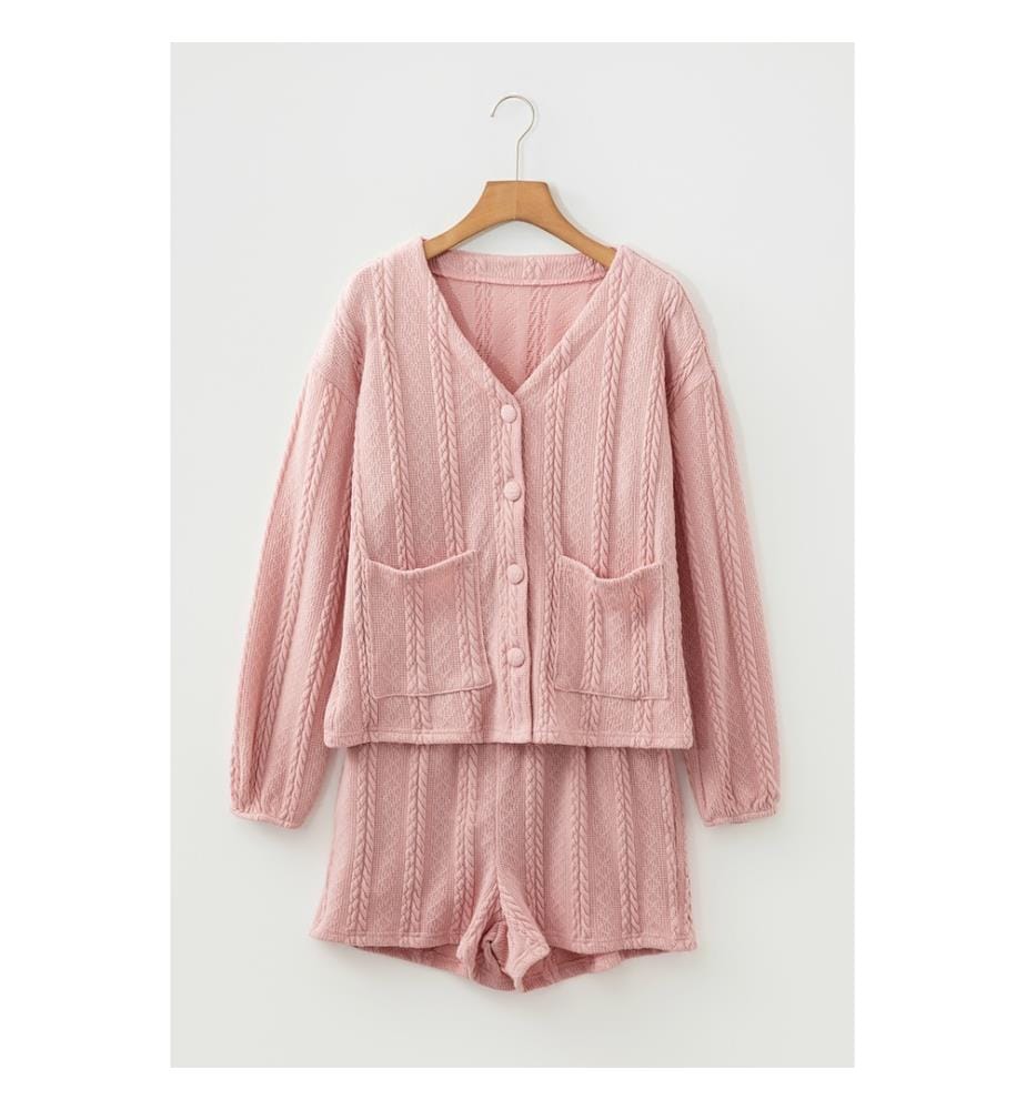 Set aus Strickjacke und Shorts mit V-Ausschnitt - Rosa mit Waffelmuster