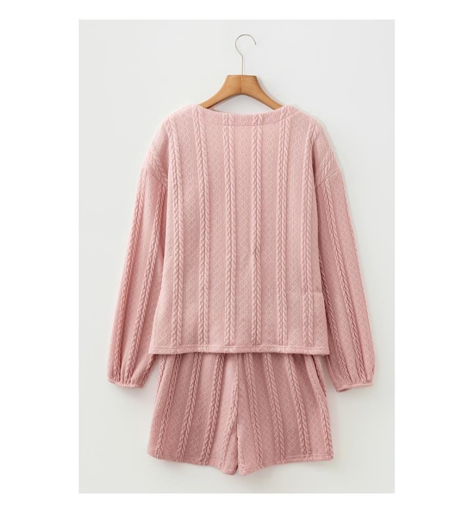 Set aus Strickjacke und Shorts mit V-Ausschnitt - Rosa mit Waffelmuster