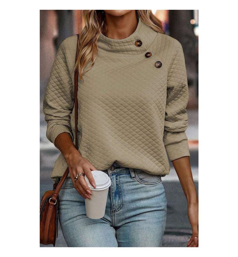 Apricotfarbenes, gestepptes Sweatshirt mit geknöpftem Halsausschnitt und Stehkragen