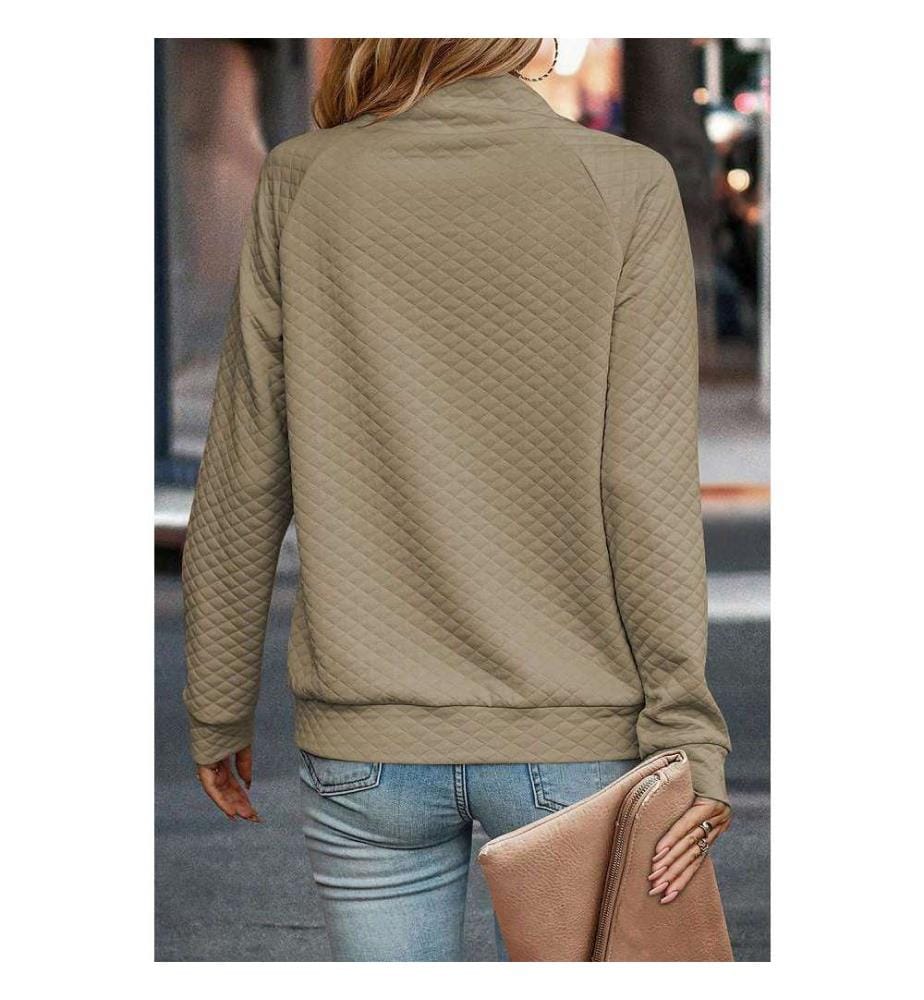 Apricotfarbenes, gestepptes Sweatshirt mit geknöpftem Halsausschnitt und Stehkragen