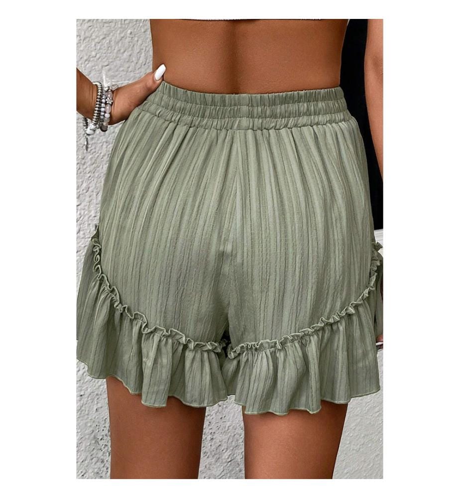 Lorbeergrüne, texturierte Shorts mit Rüschensaum und geknoteter Taille