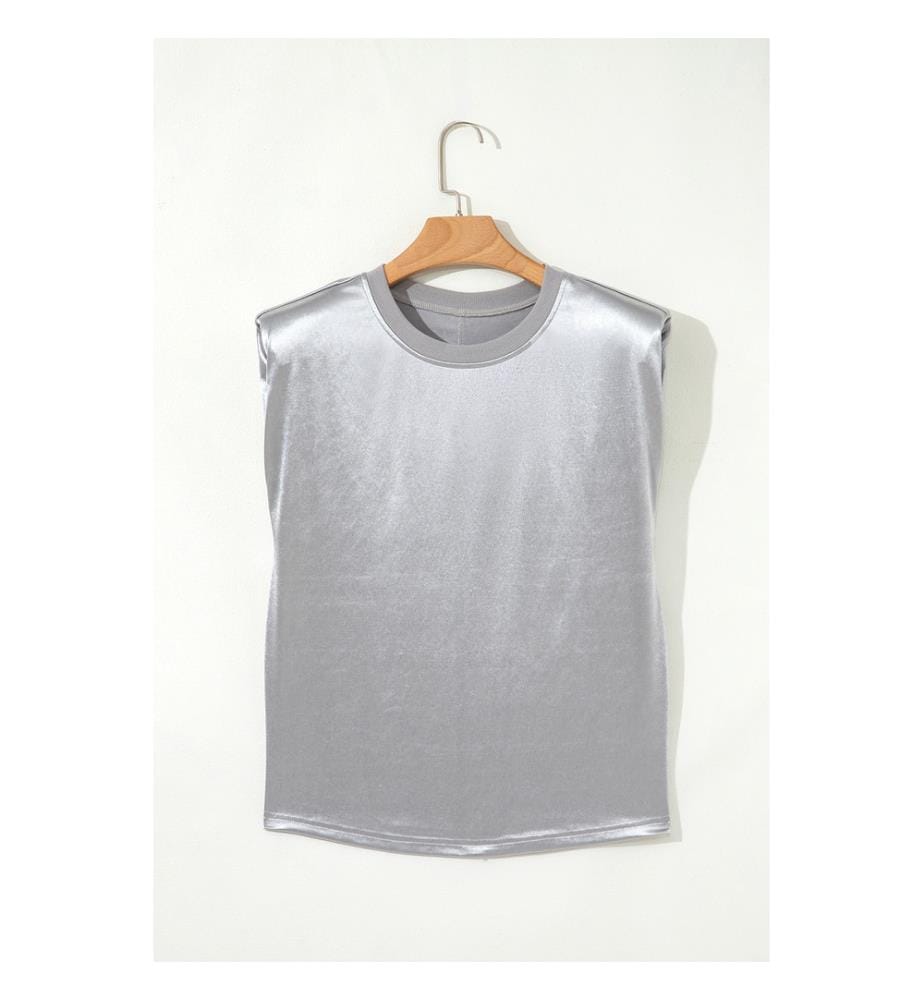 Metallic silver crew-neck tank top
