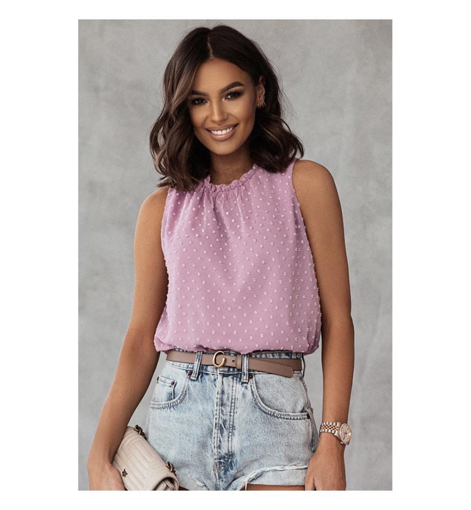 Pink ruffled sleeveless polka-dot tank top