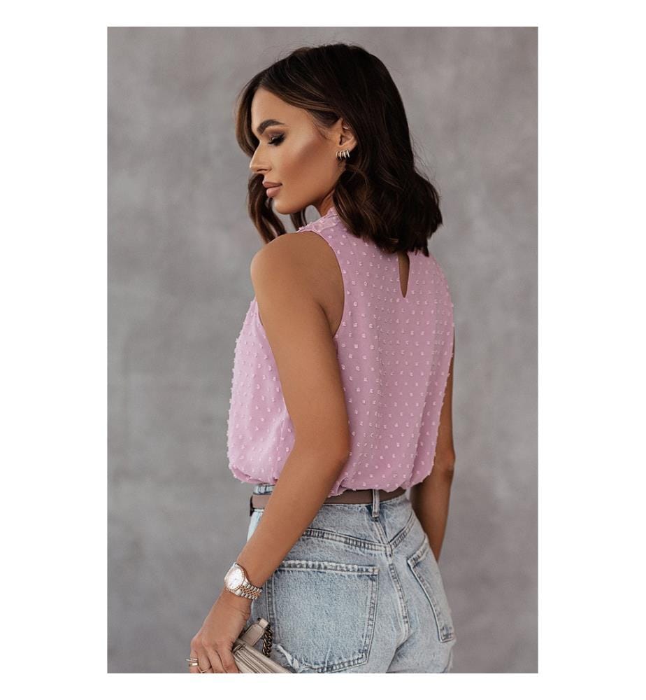 Pink ruffled sleeveless polka-dot tank top