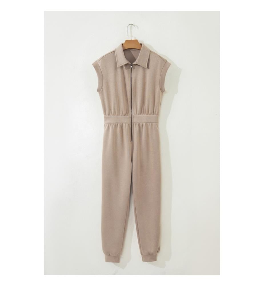 Plain Dark Khaki Playsuit con zip frontale - Dark Khaki