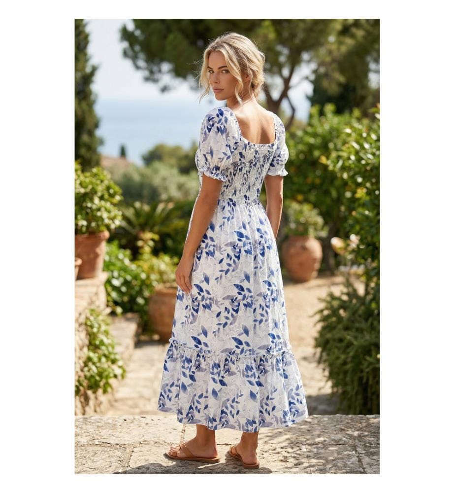 Halblanges Kleid mit Blumenmuster, Rüschen und kurzen Puffärmeln in Himmelblau mit Smock-Corsage