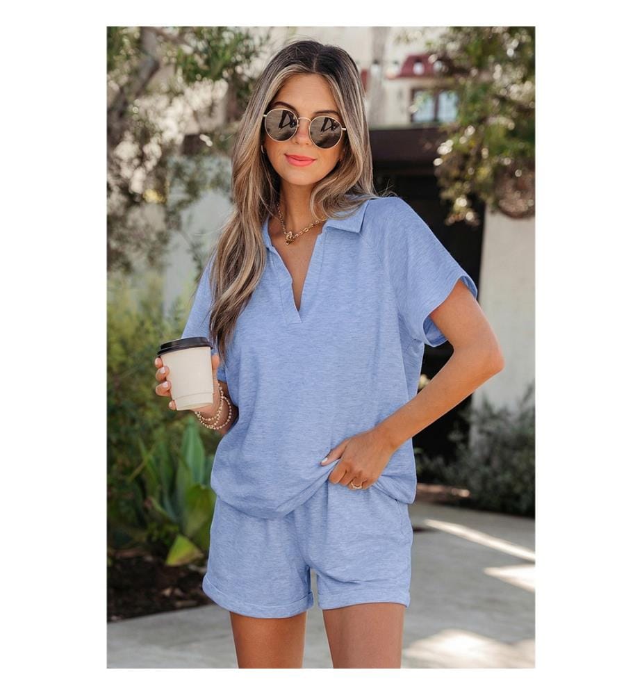 V-Neck T-Shirt and Elastic Waist Short Set - Sky Blue