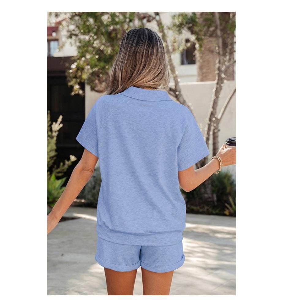V-Neck T-Shirt and Elastic Waist Short Set - Sky Blue