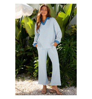 Sky Blue Stripe Collared Pullover Top and Drawstring Pant Set