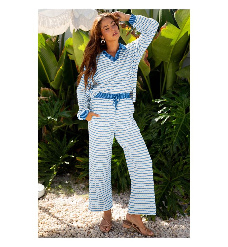 Sky Blue Stripe Collared Pullover Top and Drawstring Pant Set