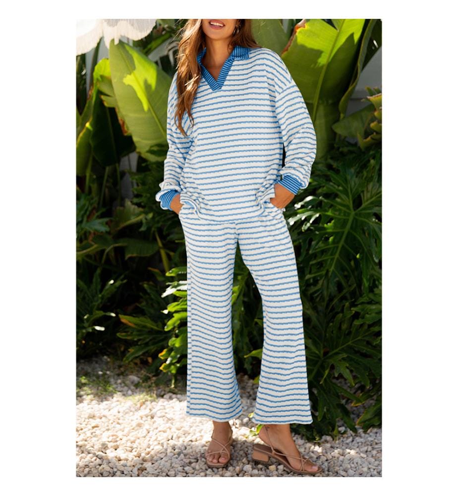 Sky Blue Stripe Collared Pullover Top and Drawstring Pant Set