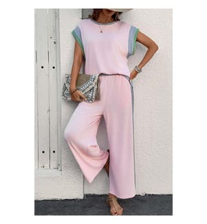 Set aus kurzärmeligem Oberteil und weiter Hose aus rosafarbenem Patchwork - Rosa