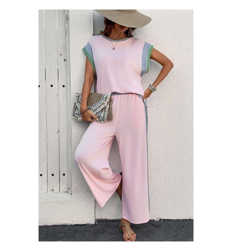 Set aus kurzärmeligem Oberteil und weiter Hose aus rosafarbenem Patchwork - Rosa