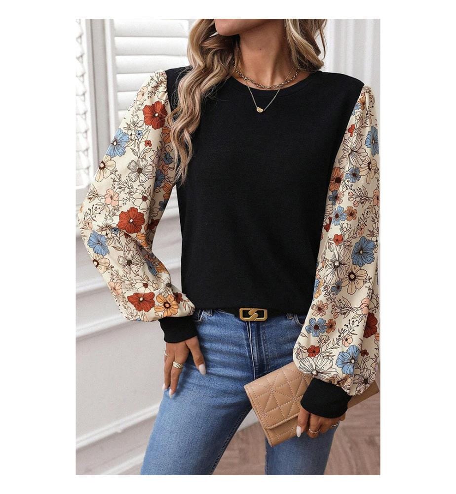Haut patchwork à manches bouffantes et fleurs d'abricot