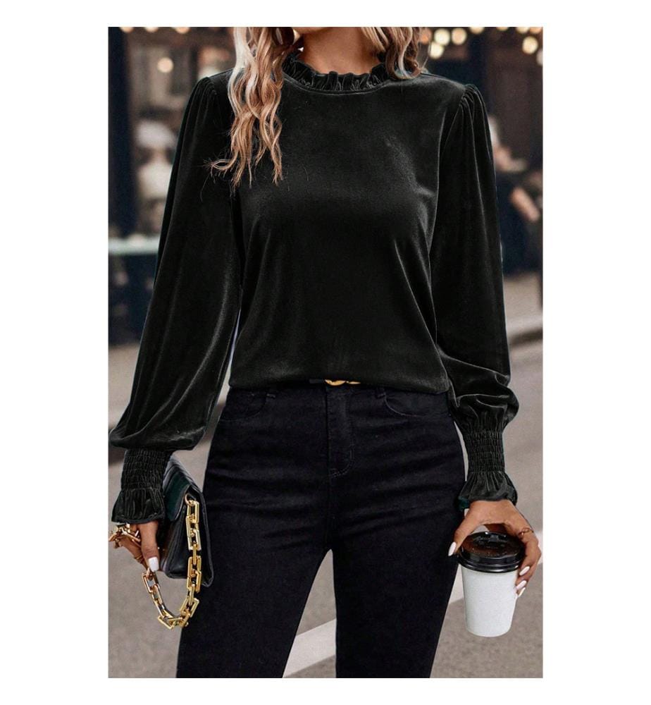 Schwarze Samtbluse mit Rüschenkragen