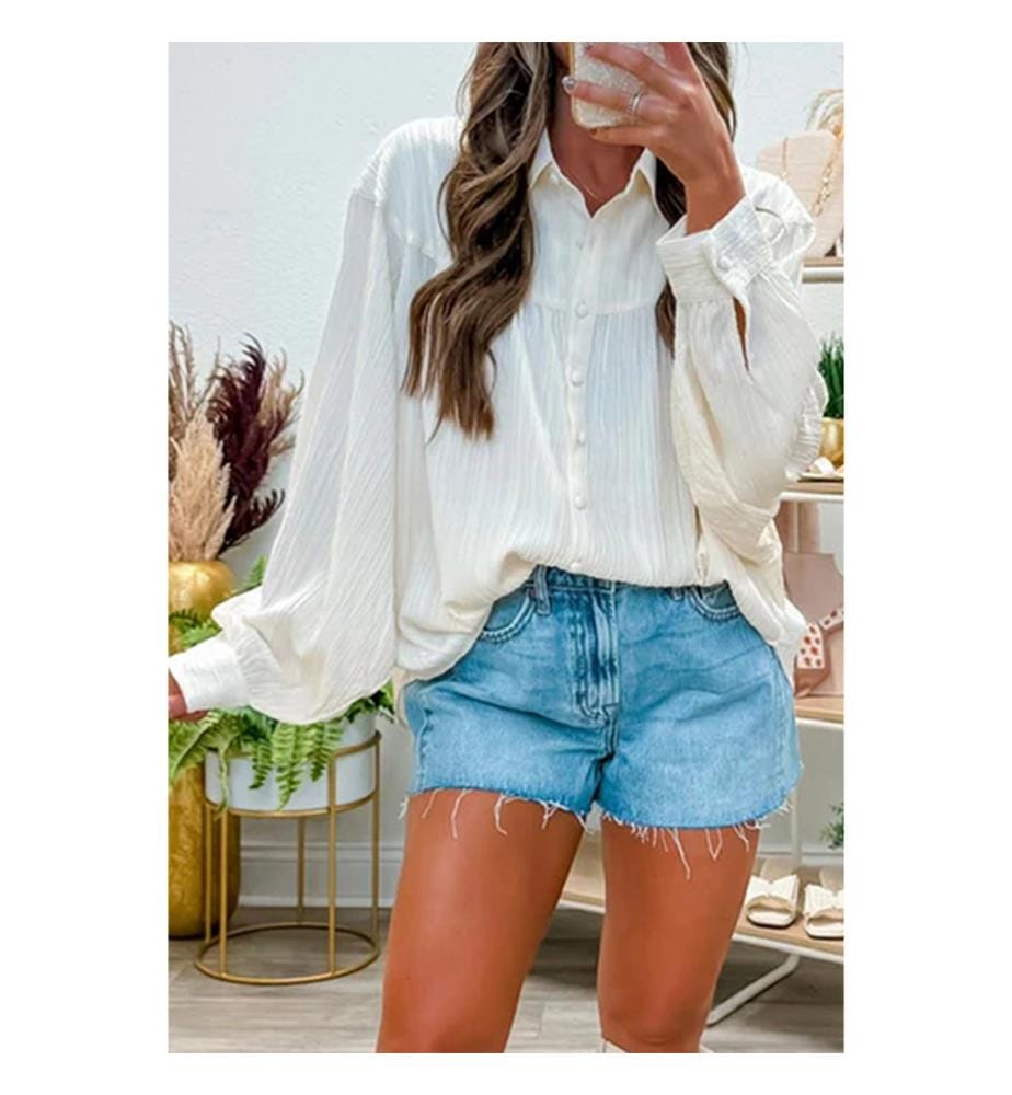 Chemise ample à manches lanternes et texture froissée blanche