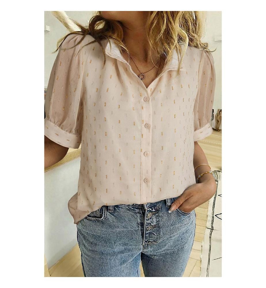 Camicia a maniche corte in jacquard metallizzato beige