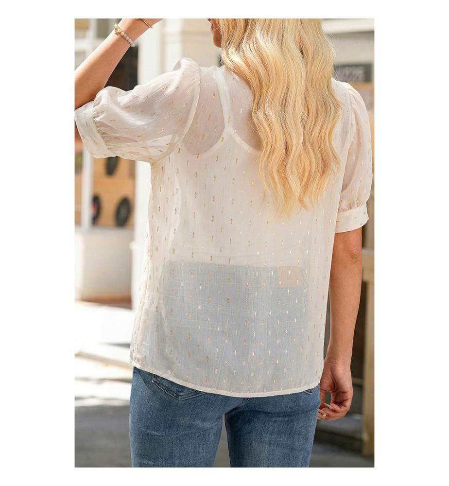 Camicia a maniche corte in jacquard metallizzato beige